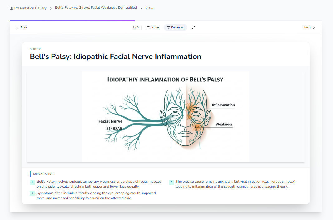 Bell's Palsy slide with facial nerve diagram and explanations