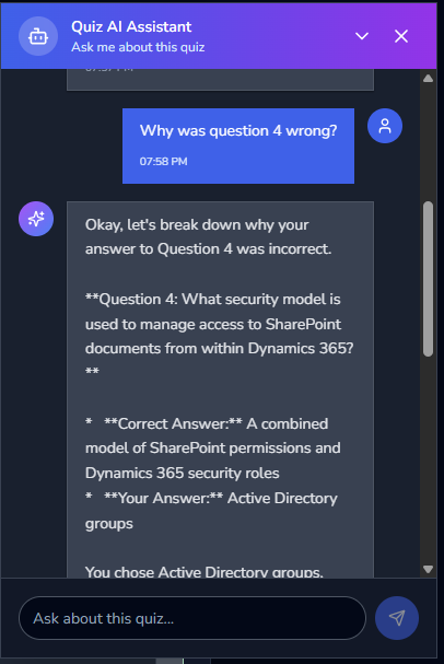 The AI Assistant explaining why question 4 was wrong, showing the original question, correct answer, your answer, and a detailed reasoning breakdown