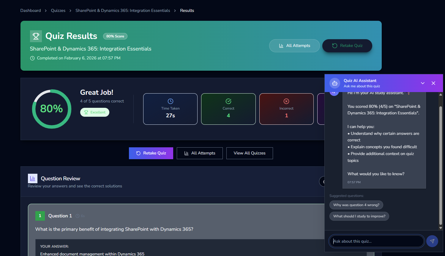 The Quiz AI Assistant chat panel open alongside your quiz results, showing a personalized greeting with your score and suggested questions