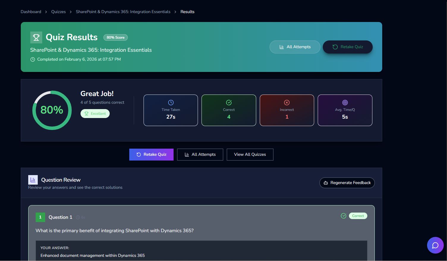 Quiz results page with score overview, question review, and the AI chat icon in the bottom-right corner