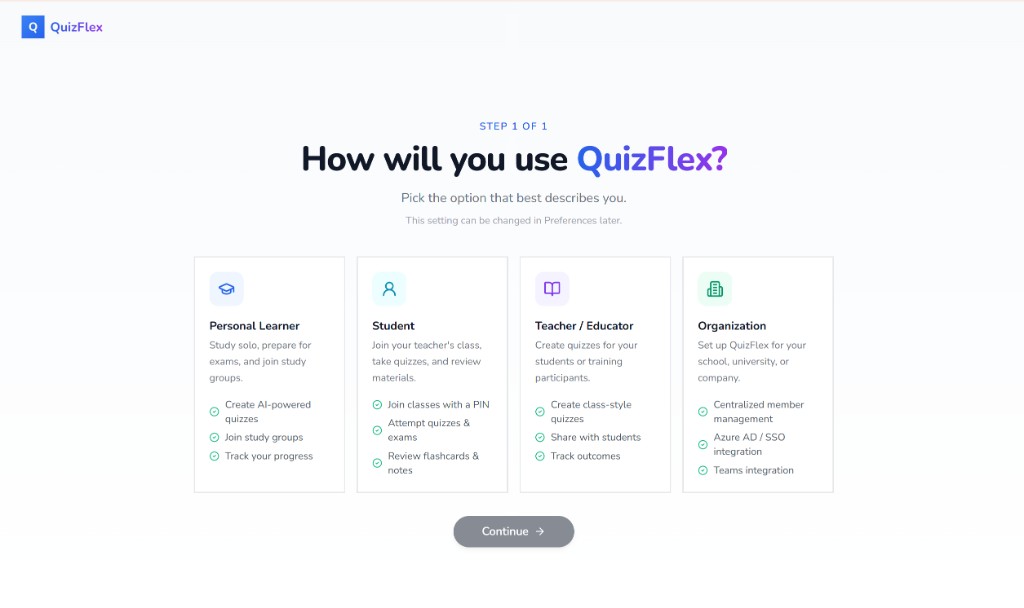 QuizFlex onboarding screen showing four role options: Personal Learner, Student, Teacher/Educator, and Organization